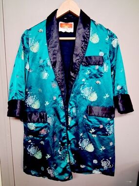 Vintage 100% Rayon Teal Floral Jacket with Black Trim